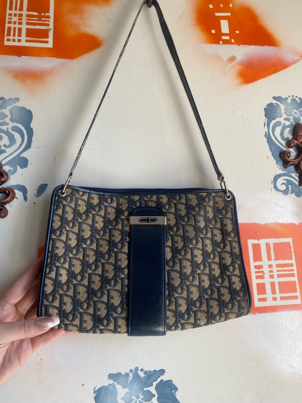 Dior Navy Dior  Canvas Shoulder Bag